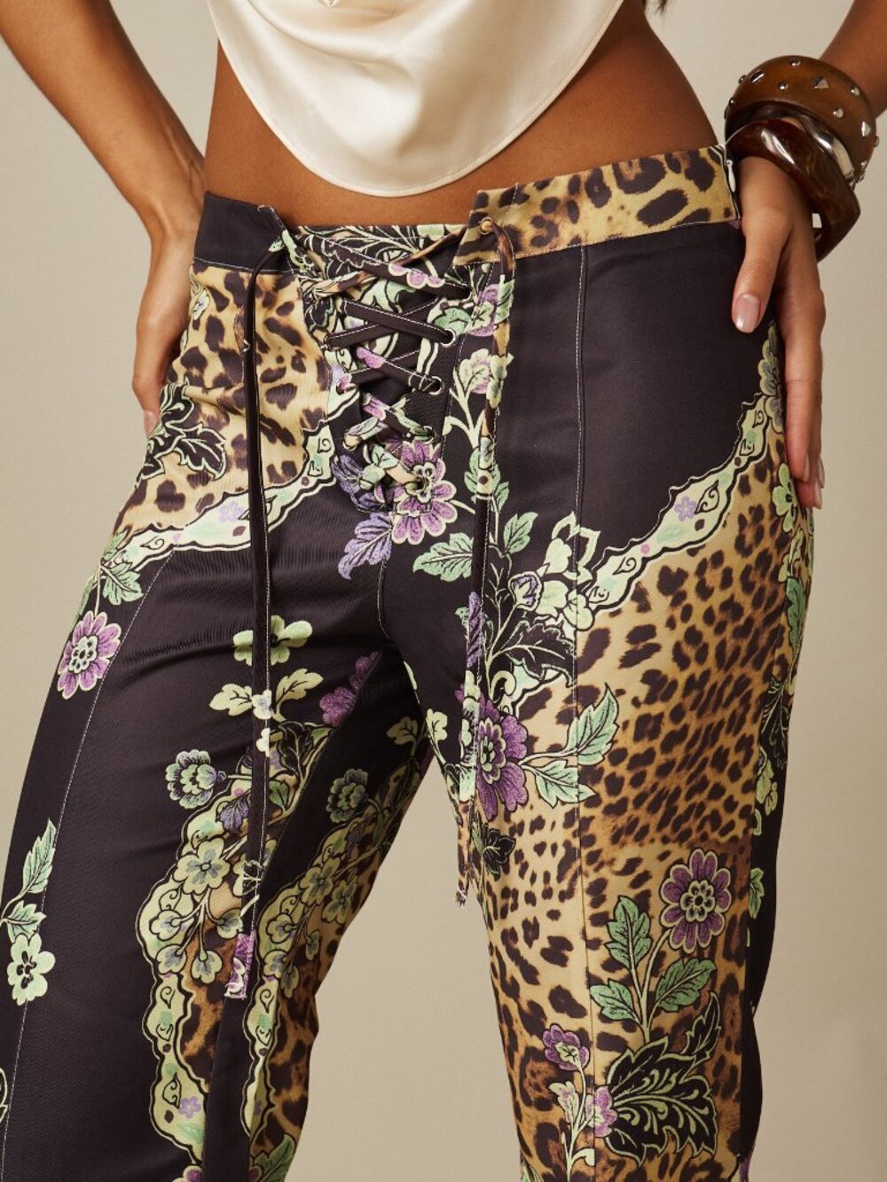 Multicolor Boho Women's Baroque Pattern Low Rise Flared Pants - Picture 5 of 5